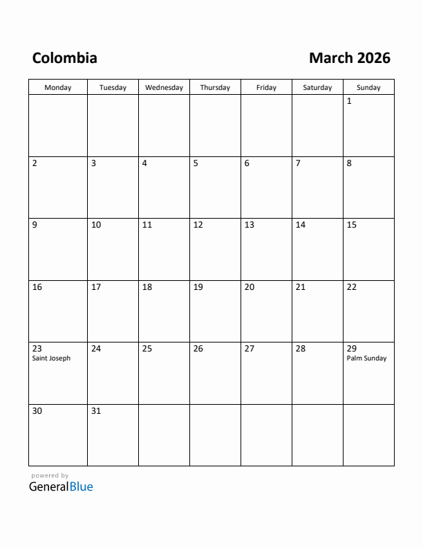 March 2026 Calendar with Colombia Holidays
