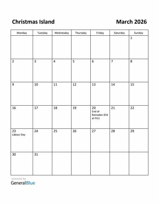 March 2026 Calendar with Christmas Island Holidays