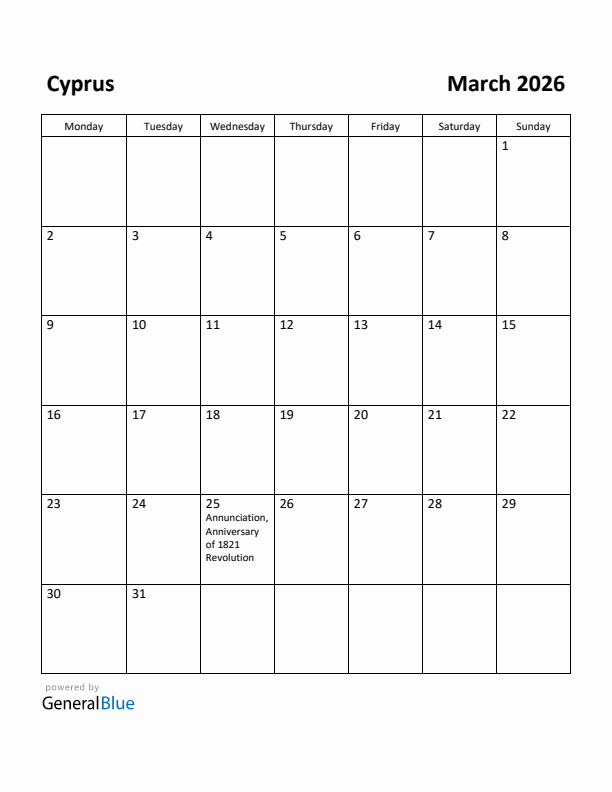 March 2026 Calendar with Cyprus Holidays