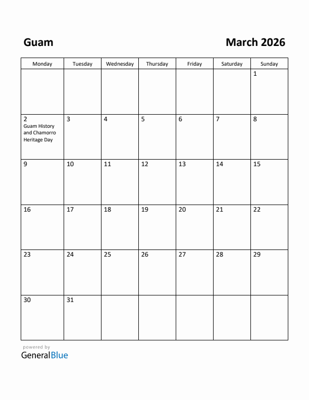 March 2026 Calendar with Guam Holidays