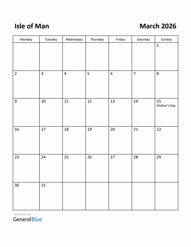 March 2026 Calendar with Isle of Man Holidays