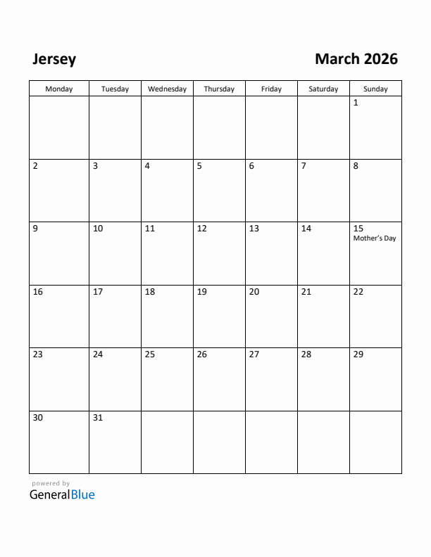 March 2026 Calendar with Jersey Holidays