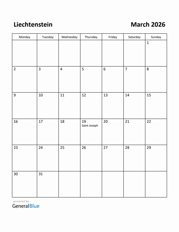 March 2026 Calendar with Liechtenstein Holidays