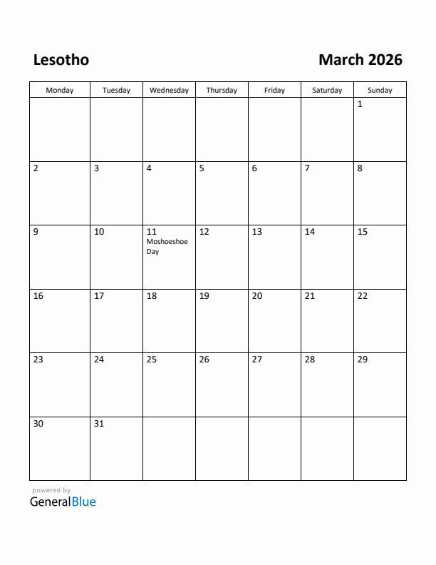 March 2026 Calendar with Lesotho Holidays