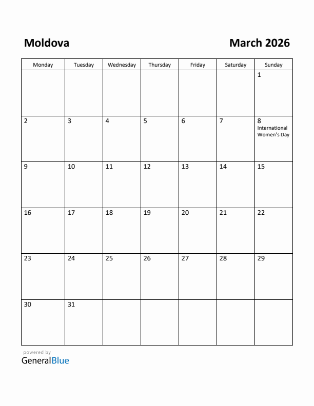 March 2026 Calendar with Moldova Holidays