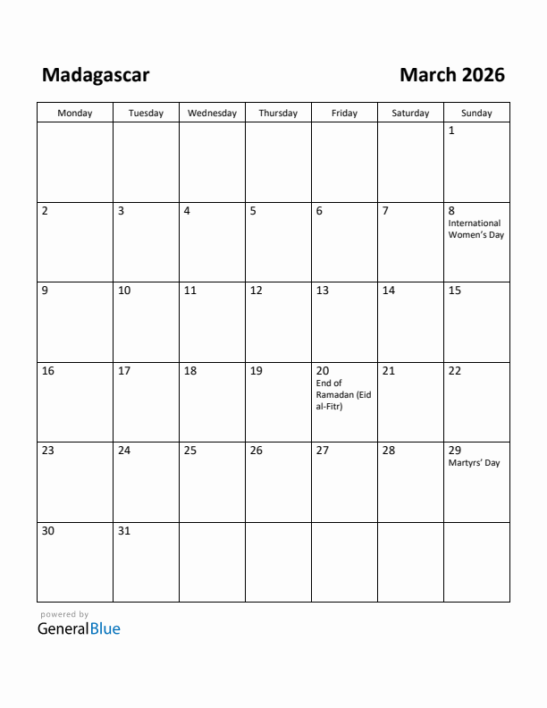 March 2026 Calendar with Madagascar Holidays