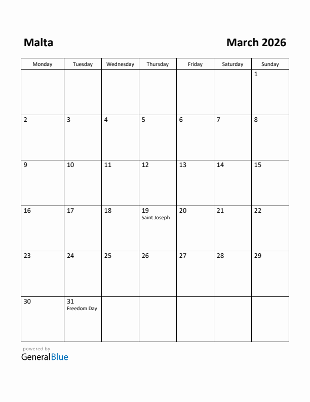 March 2026 Calendar with Malta Holidays