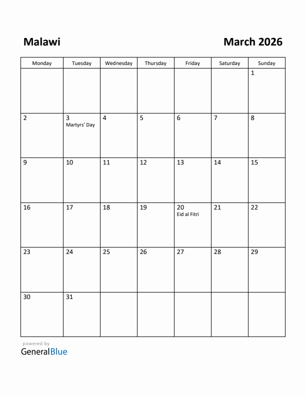 March 2026 Calendar with Malawi Holidays