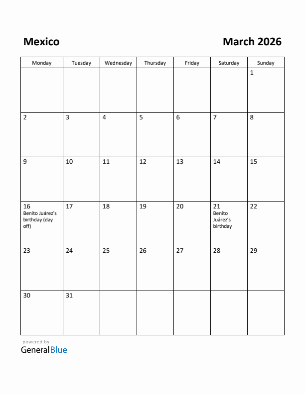 March 2026 Calendar with Mexico Holidays