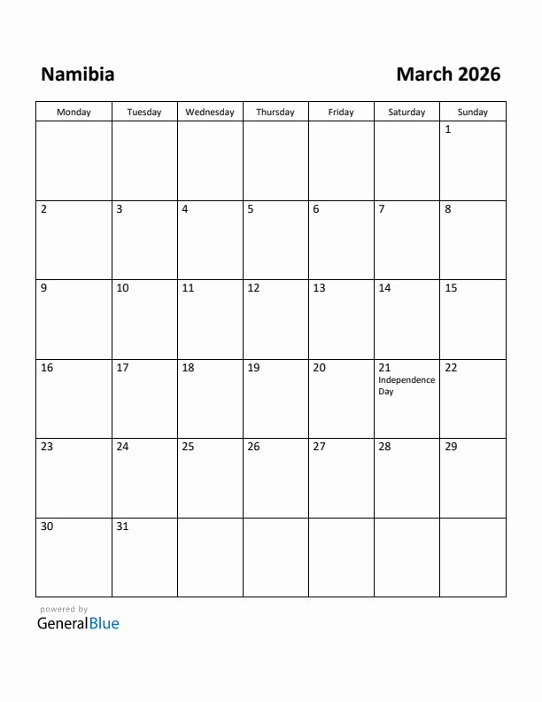 March 2026 Calendar with Namibia Holidays