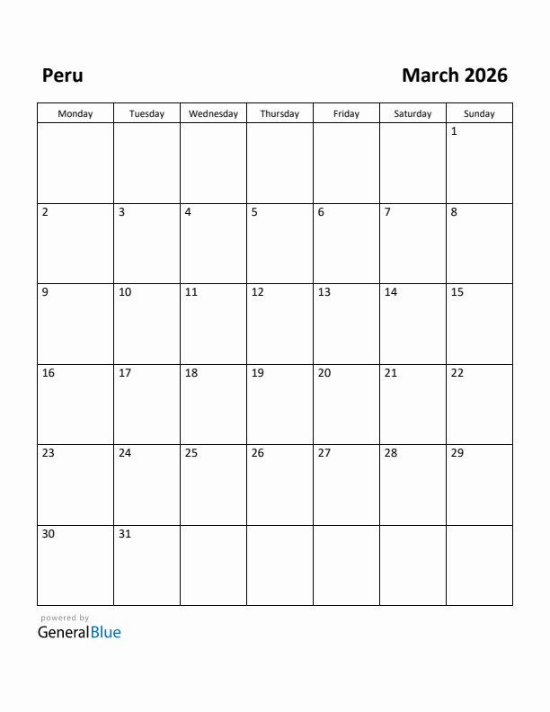 March 2026 Calendar with Peru Holidays