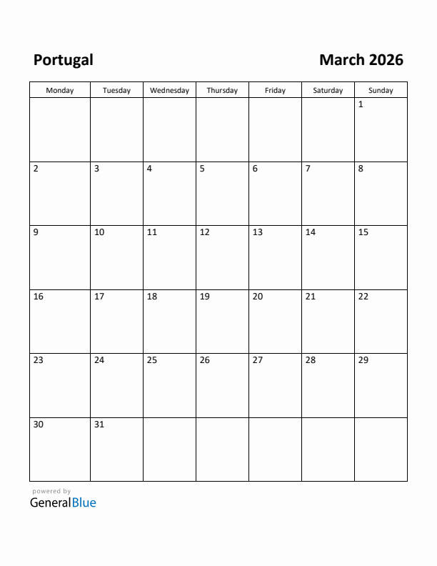 March 2026 Calendar with Portugal Holidays