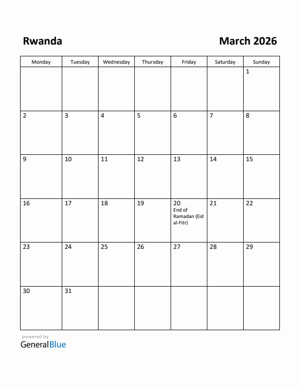 March 2026 Calendar with Rwanda Holidays