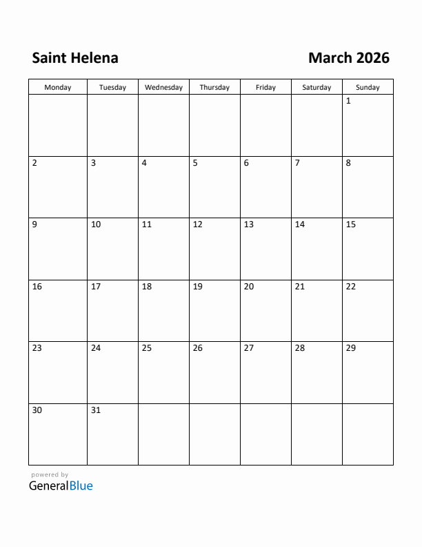 March 2026 Calendar with Saint Helena Holidays