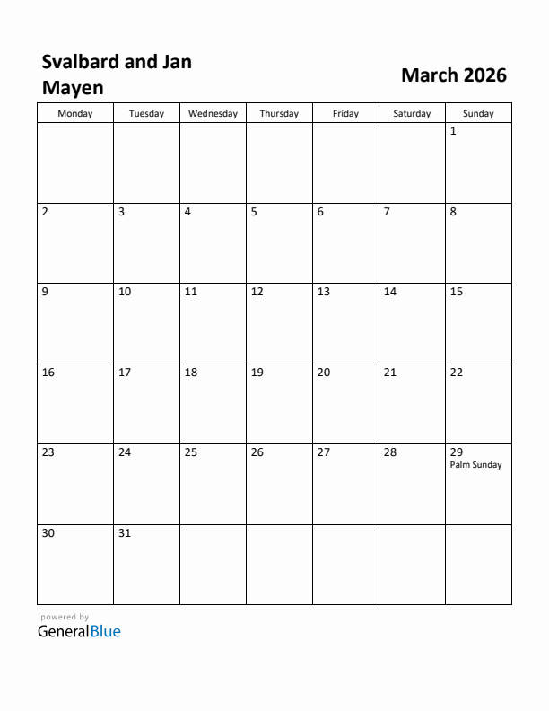 March 2026 Calendar with Svalbard and Jan Mayen Holidays