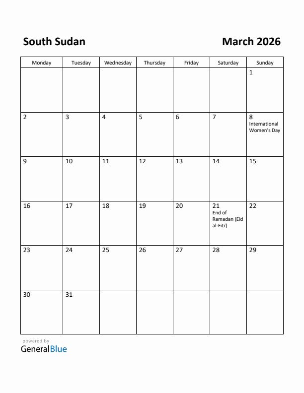 March 2026 Calendar with South Sudan Holidays