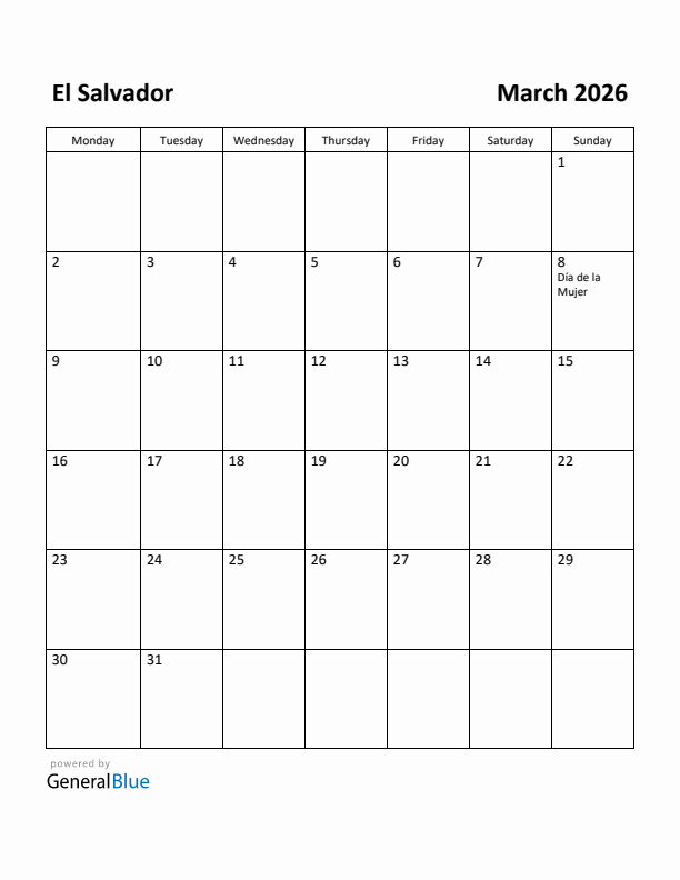 March 2026 Calendar with El Salvador Holidays