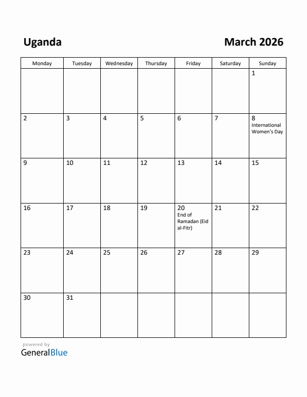 March 2026 Calendar with Uganda Holidays