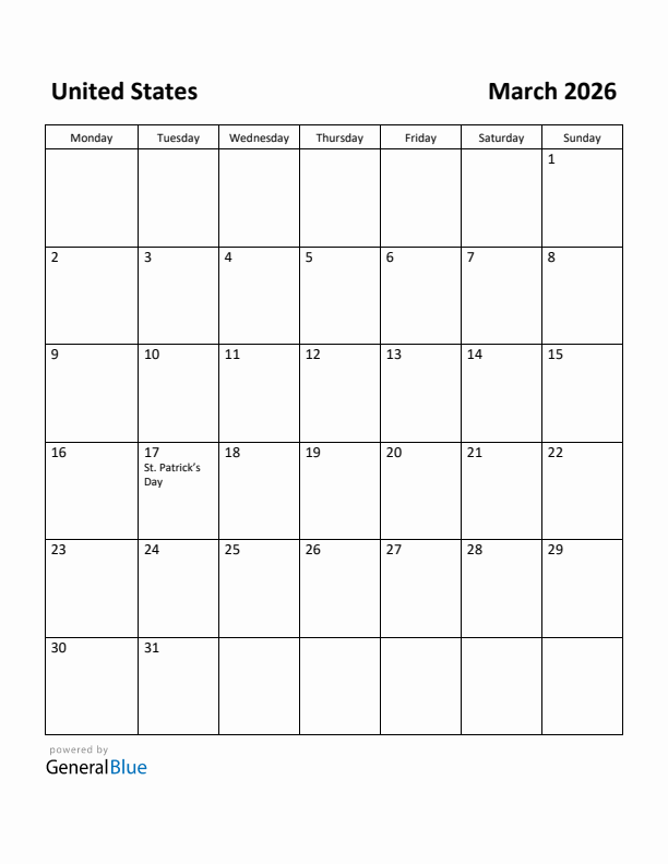 March 2026 Calendar with United States Holidays