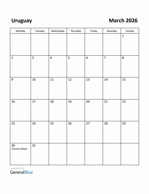 March 2026 Calendar with Uruguay Holidays