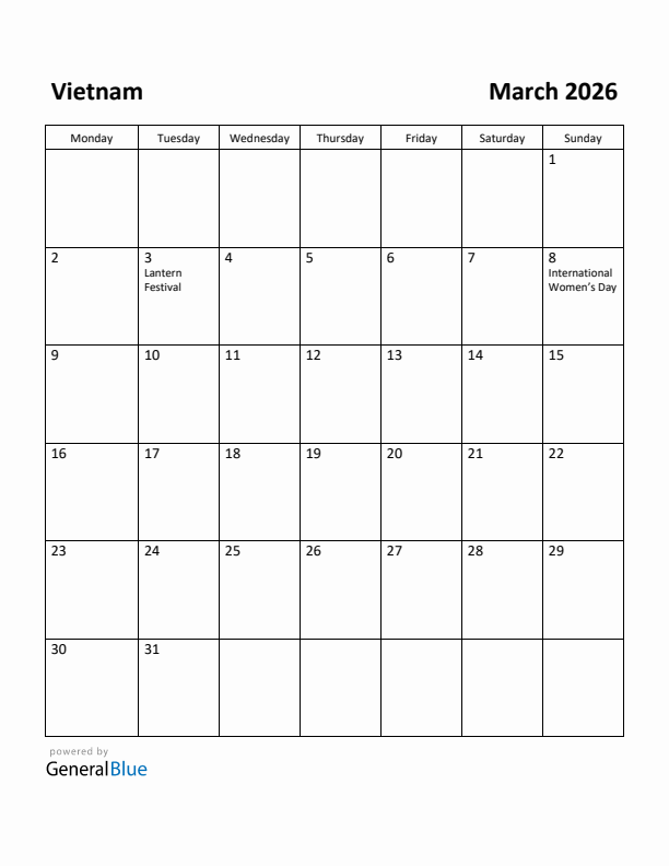March 2026 Calendar with Vietnam Holidays