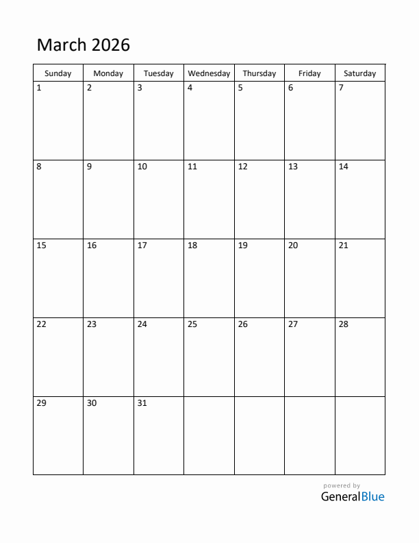 Sunday Start Calendar for March 2026