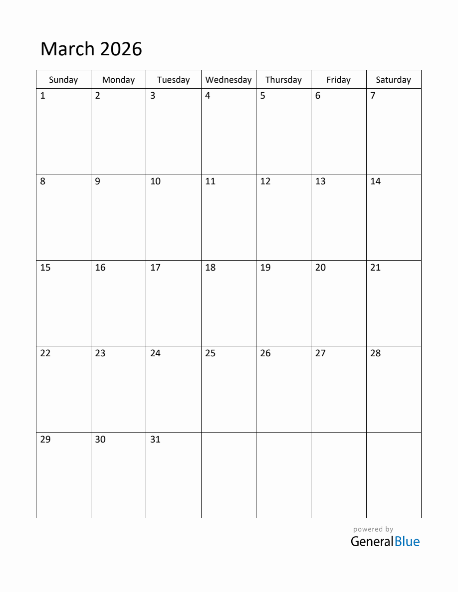 Editable March 2026 Monthly Calendar