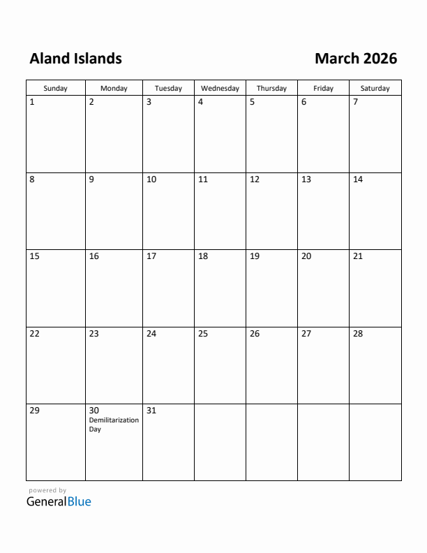 March 2026 Calendar with Aland Islands Holidays