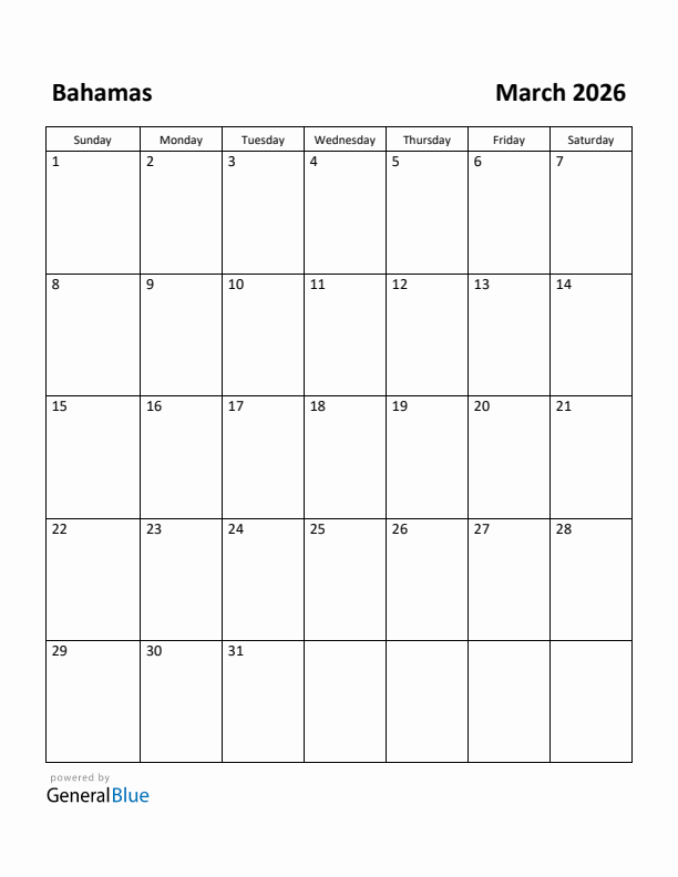 March 2026 Calendar with Bahamas Holidays