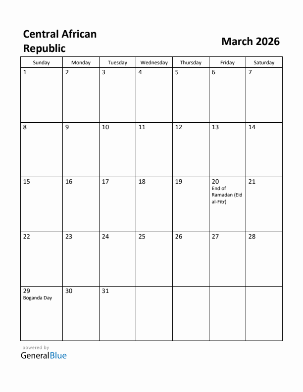 March 2026 Calendar with Central African Republic Holidays