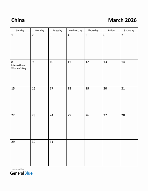 March 2026 Calendar with China Holidays