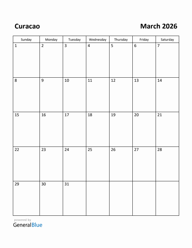 March 2026 Calendar with Curacao Holidays