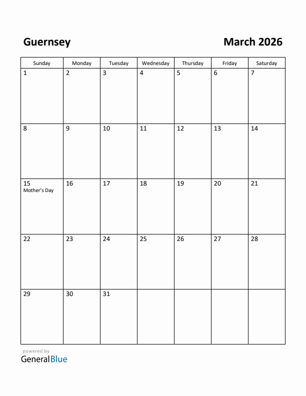 March 2026 Calendar with Guernsey Holidays