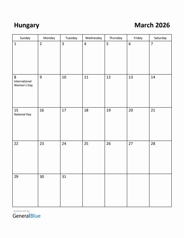 March 2026 Calendar with Hungary Holidays