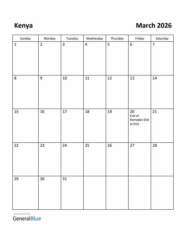 March 2026 Calendar with Kenya Holidays