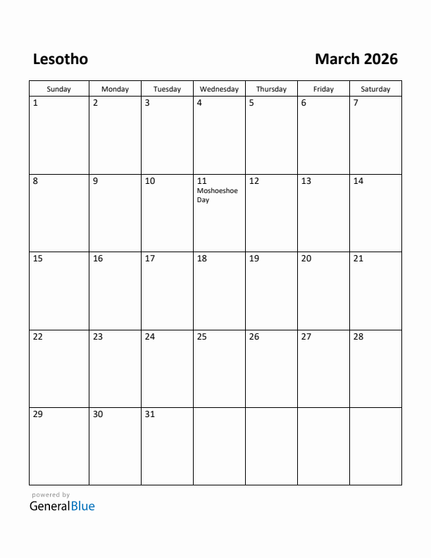 March 2026 Calendar with Lesotho Holidays