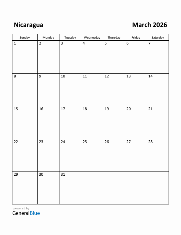 March 2026 Calendar with Nicaragua Holidays