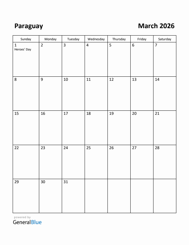 March 2026 Calendar with Paraguay Holidays