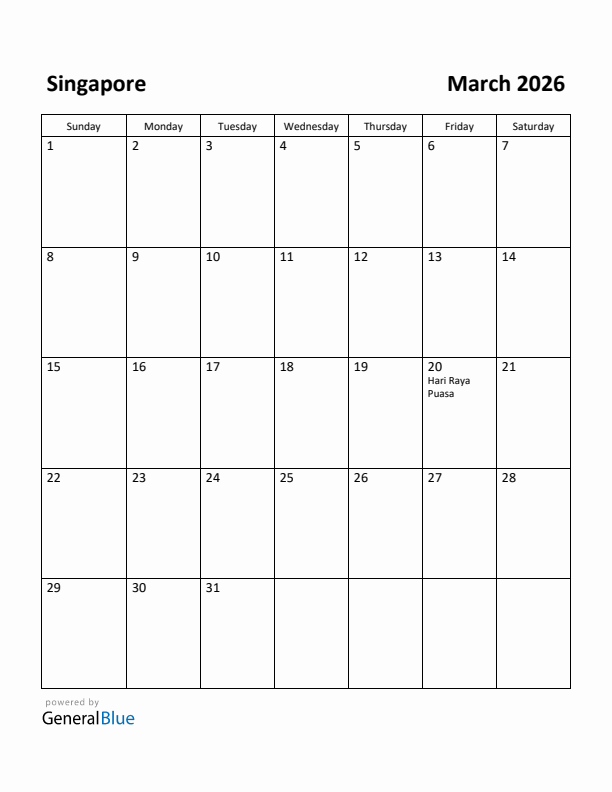 March 2026 Calendar with Singapore Holidays