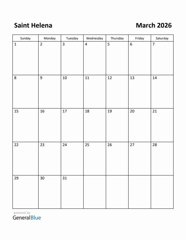 March 2026 Calendar with Saint Helena Holidays