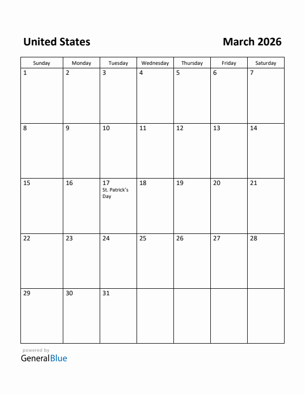 March 2026 Calendar with United States Holidays