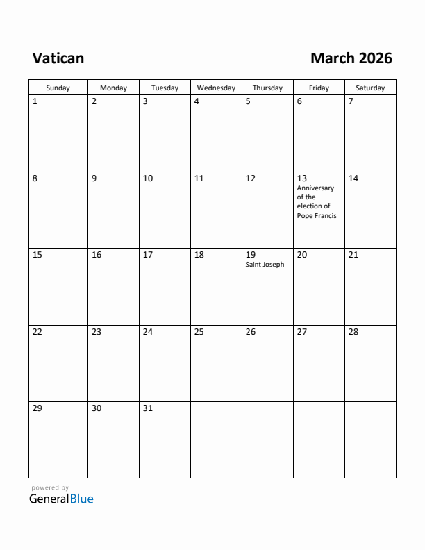 March 2026 Calendar with Vatican Holidays