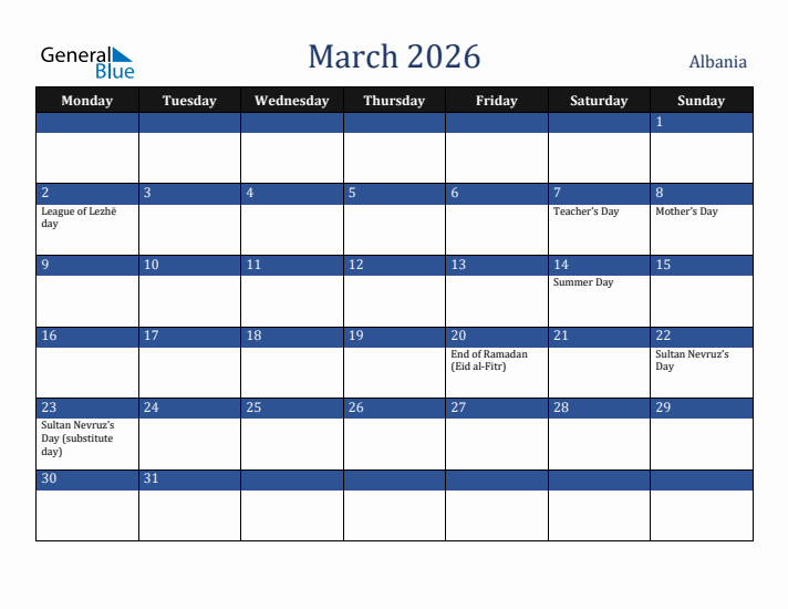 March 2026 Albania Calendar (Monday Start)