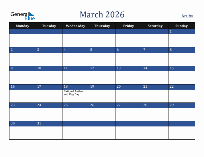 March 2026 Aruba Calendar (Monday Start)