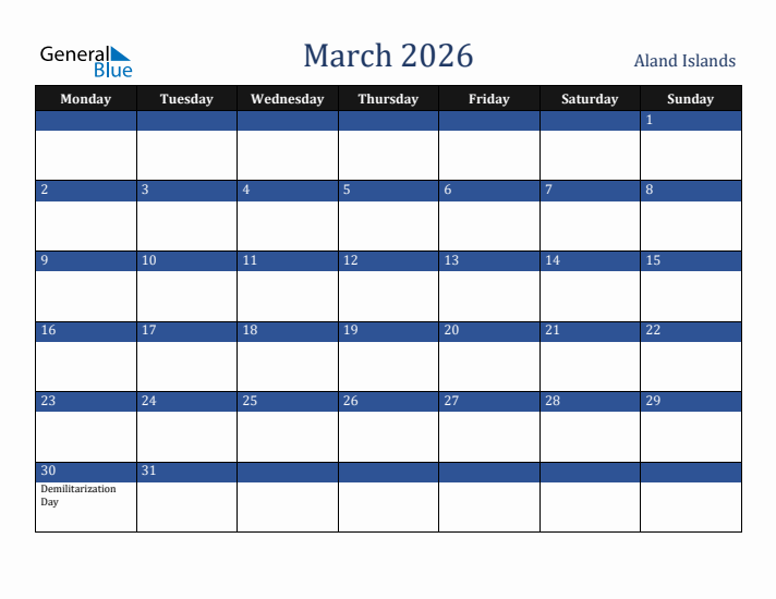 March 2026 Aland Islands Calendar (Monday Start)
