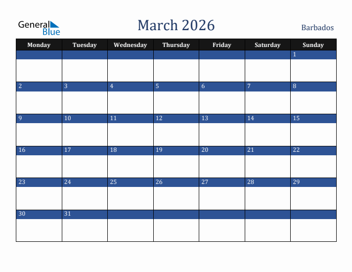 March 2026 Barbados Calendar (Monday Start)