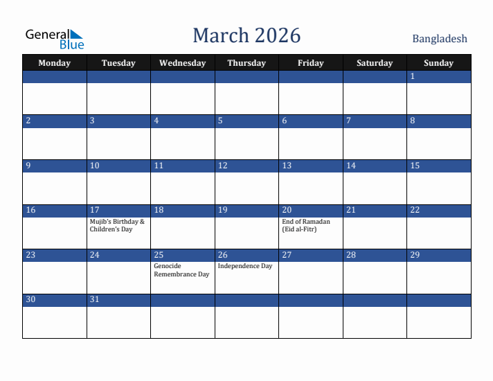 March 2026 Bangladesh Calendar (Monday Start)