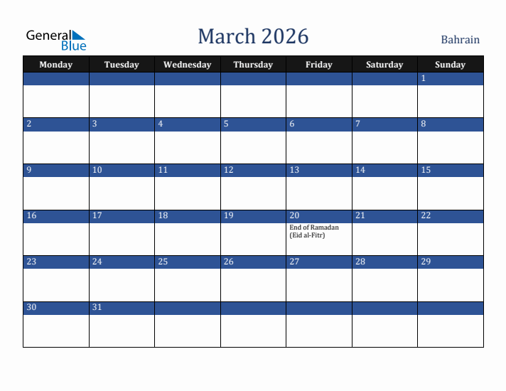 March 2026 Bahrain Calendar (Monday Start)