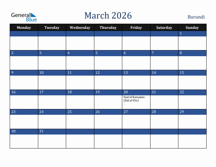 March 2026 Burundi Calendar (Monday Start)
