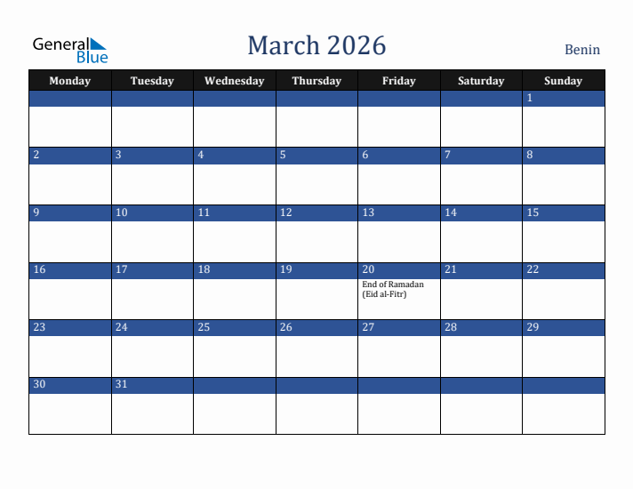 March 2026 Benin Calendar (Monday Start)